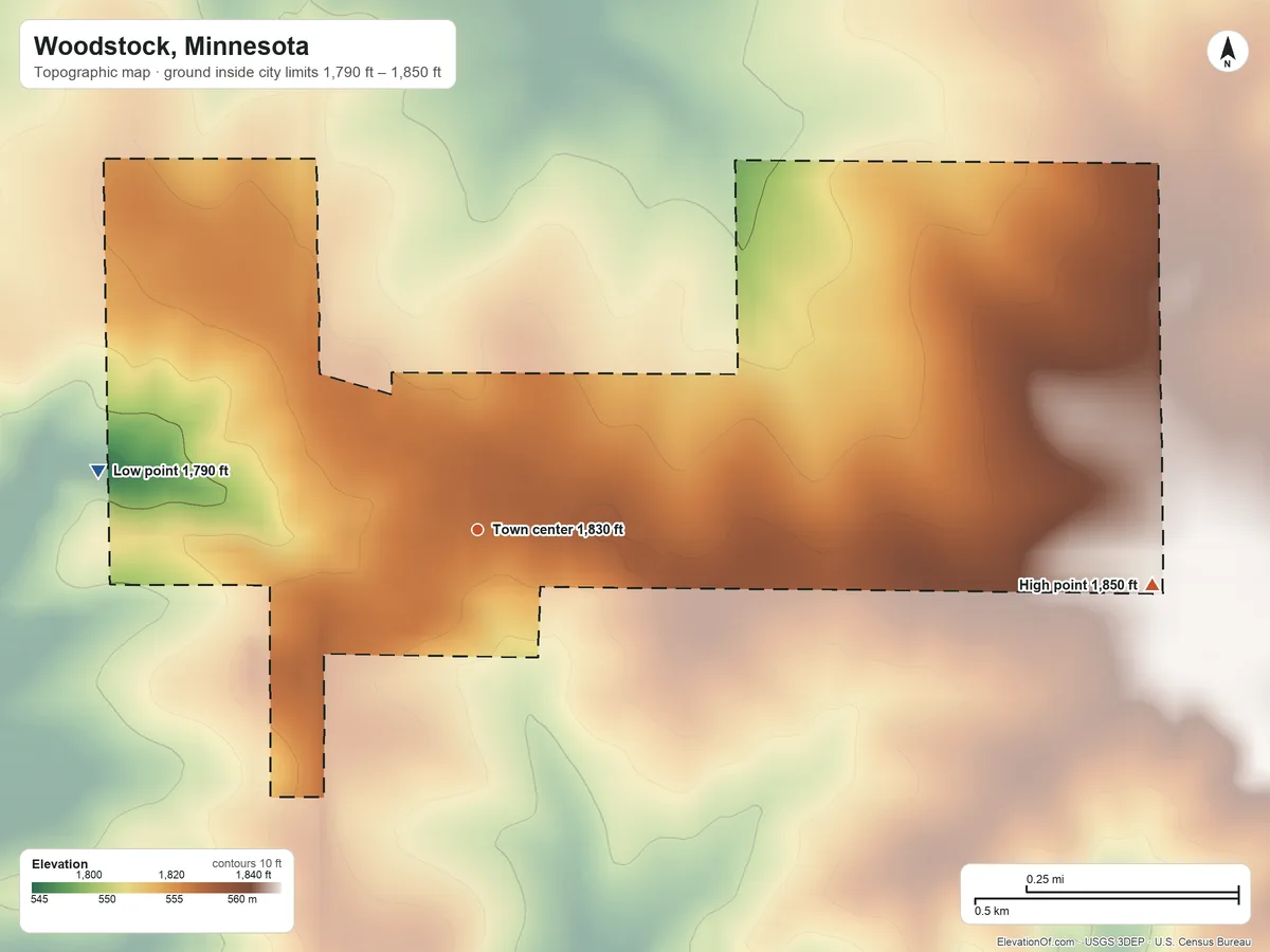 Topographic elevation map of Woodstock, Minnesota, shaded from 1,790 ft on the west side to 1,850 ft on the east side