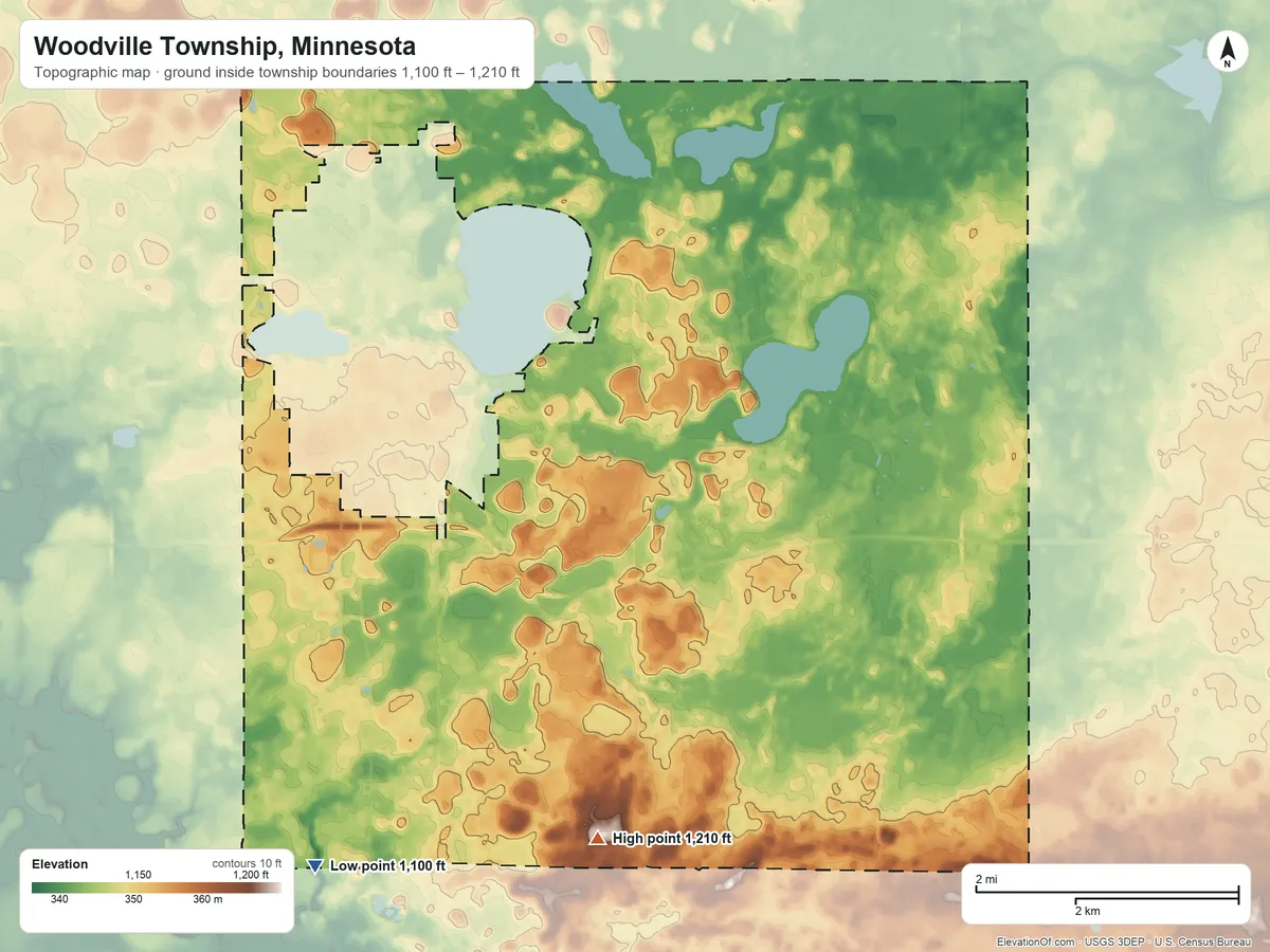 Topographic elevation map of Woodville Township, Minnesota, shaded from 1,100 ft on the southwest side to 1,210 ft on the south side