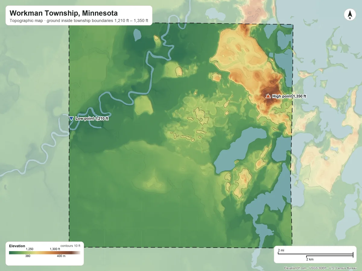 Topographic elevation map of Workman Township, Minnesota, shaded from 1,210 ft on the west side to 1,350 ft on the east side
