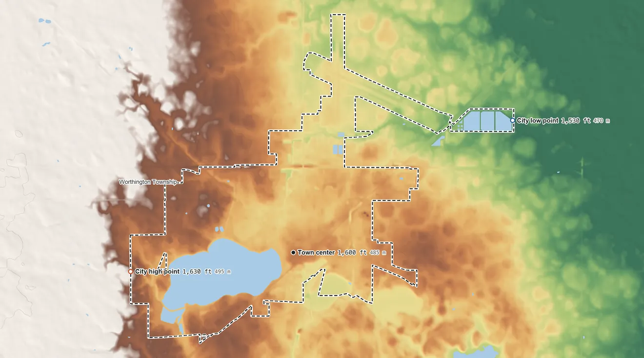 Topographic elevation map of Worthington, Minnesota, shaded from 1,530 ft on the northeast side to 1,630 ft on the west side