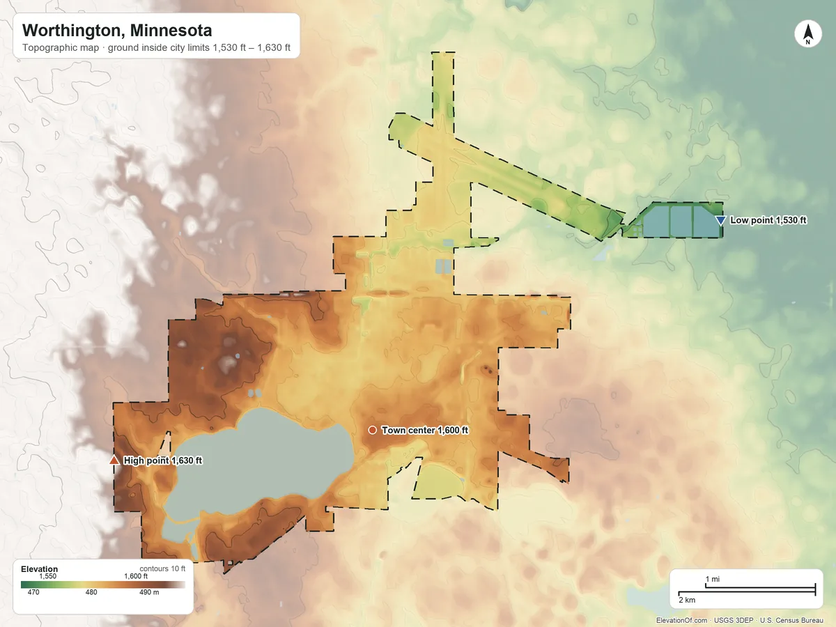 Topographic elevation map of Worthington, Minnesota, shaded from 1,530 ft on the northeast side to 1,630 ft on the west side