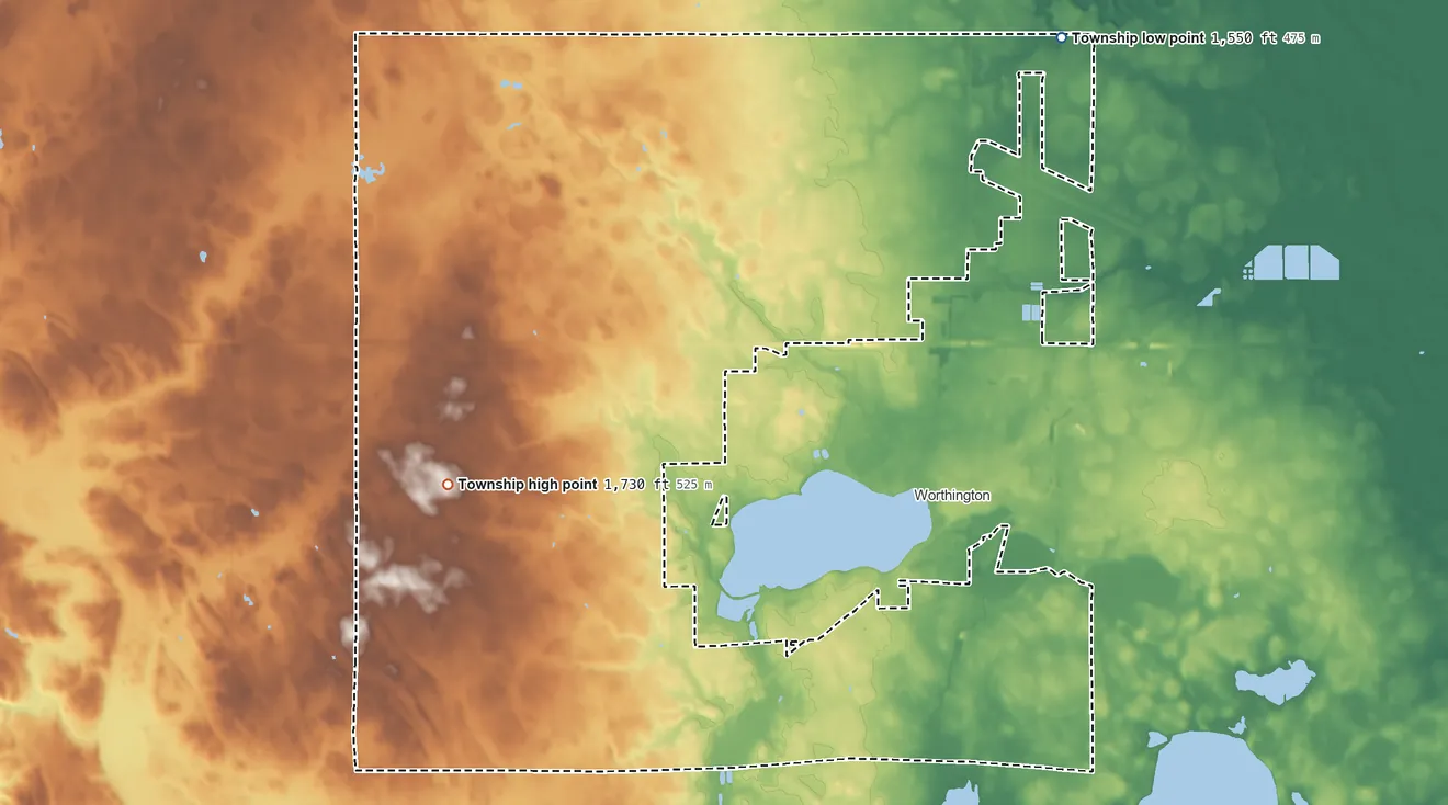 Topographic elevation map of Worthington Township, Minnesota, shaded from 1,550 ft on the northeast side to 1,730 ft on the southwest side
