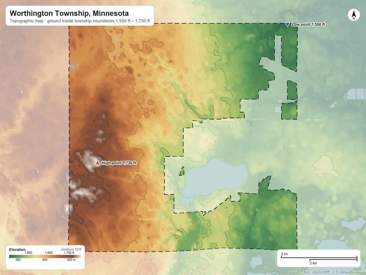 Topographic elevation map of Worthington Township, Minnesota, shaded from 1,550 ft on the northeast side to 1,730 ft on the southwest side