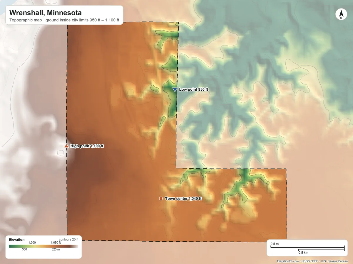 Topographic elevation map of Wrenshall, Minnesota, shaded from 950 ft on the north side to 1,100 ft on the northwest side