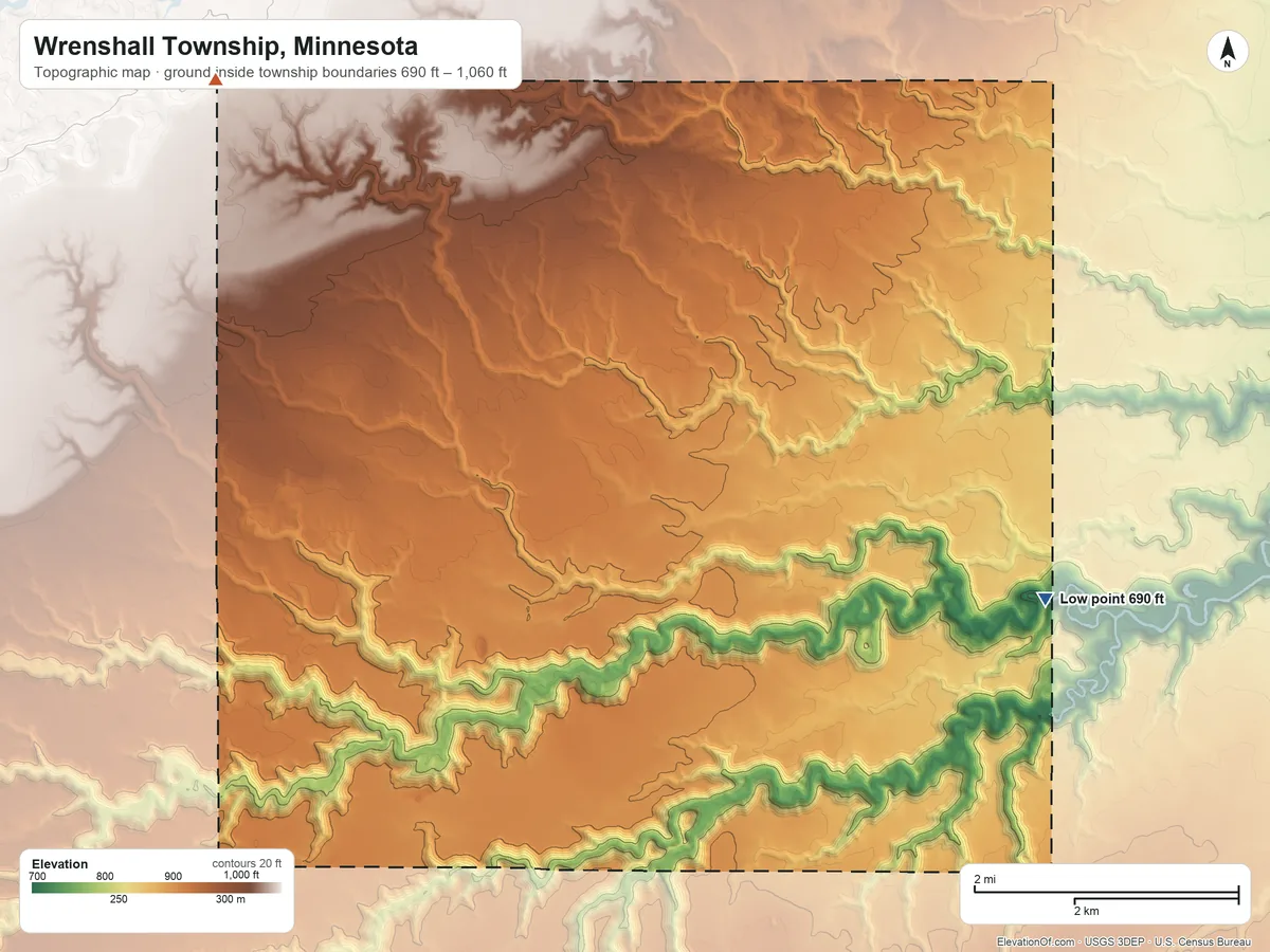 Topographic elevation map of Wrenshall Township, Minnesota, shaded from 690 ft on the southeast side to 1,060 ft on the northwest side