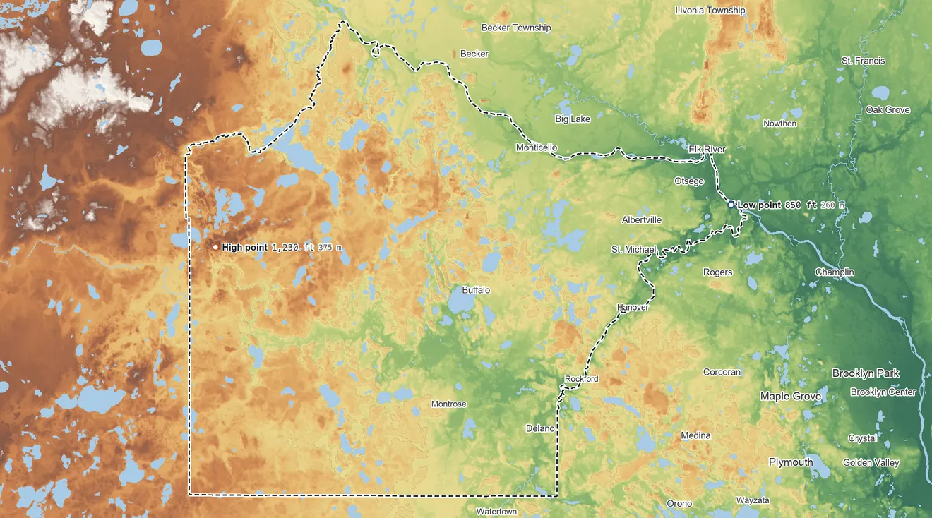 Topographic elevation map of Wright County, Minnesota, shaded from 850 ft on the east side to 1,230 ft on the west side