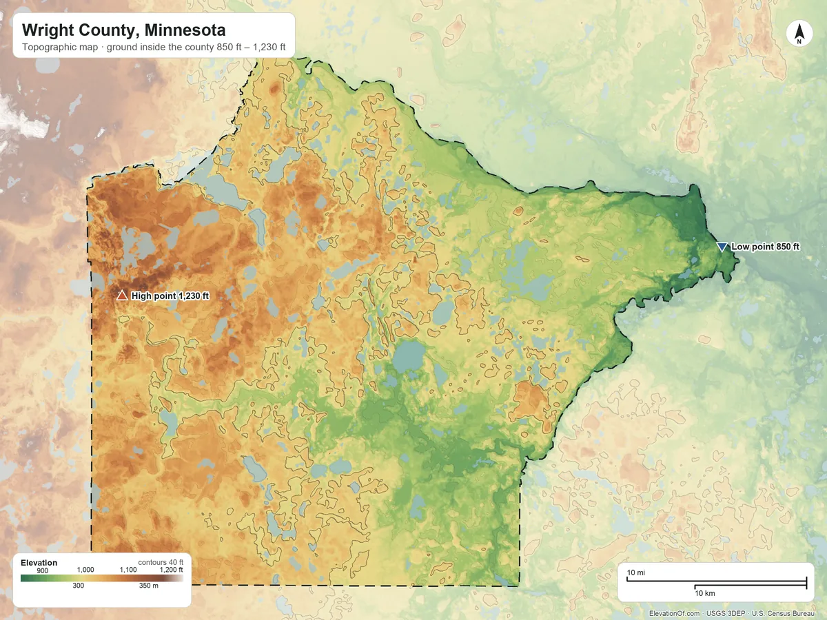 Topographic elevation map of Wright County, Minnesota, shaded from 850 ft on the east side to 1,230 ft on the west side