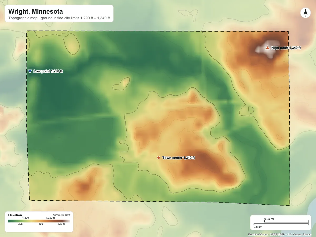 Topographic elevation map of Wright, Minnesota, shaded from 1,290 ft on the northwest side to 1,340 ft on the northeast side