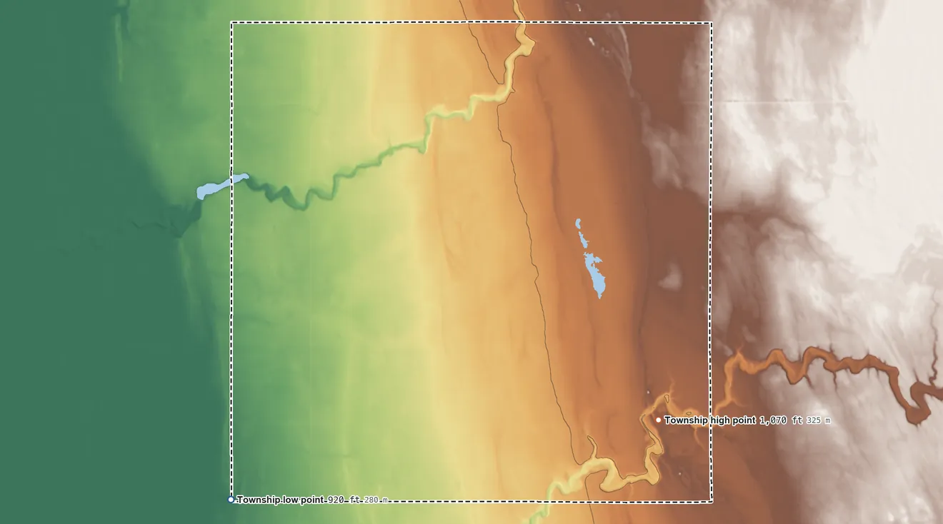 Topographic elevation map of Wright Township, Minnesota, shaded from 920 ft on the southwest side to 1,070 ft on the southeast side