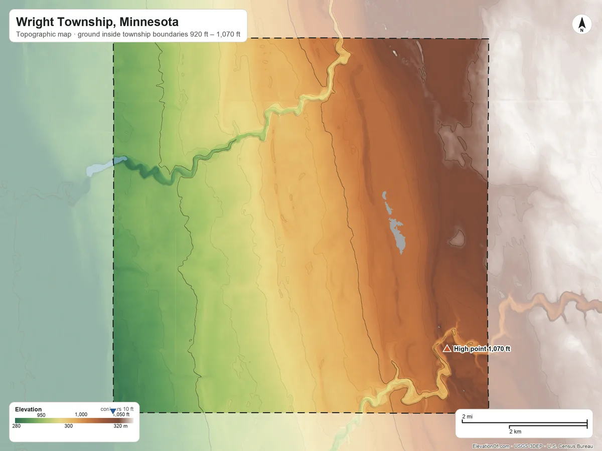 Topographic elevation map of Wright Township, Minnesota, shaded from 920 ft on the southwest side to 1,070 ft on the southeast side