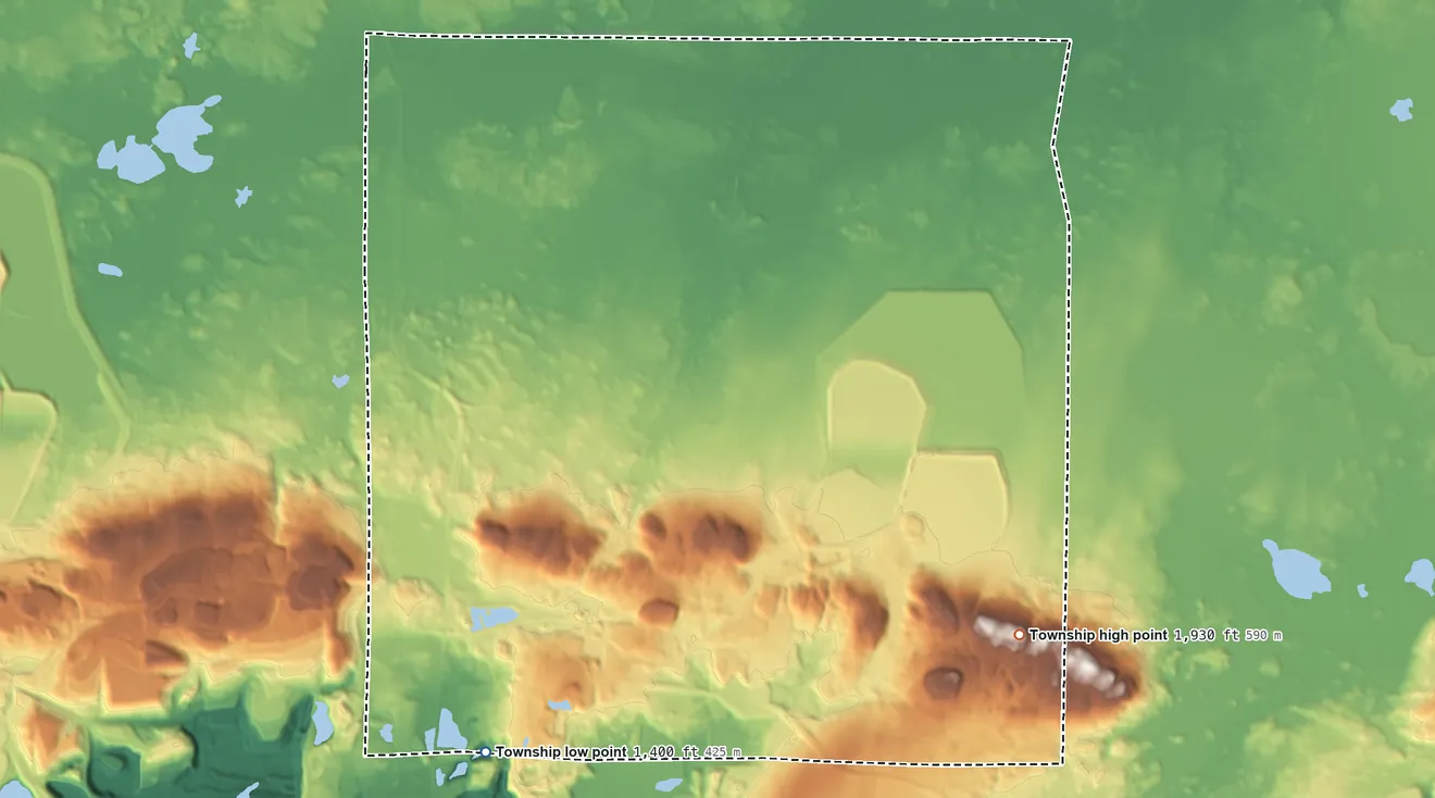 Topographic elevation map of Wuori Township, Minnesota, shaded from 1,400 ft on the south side to 1,934 ft on Pike Mountain