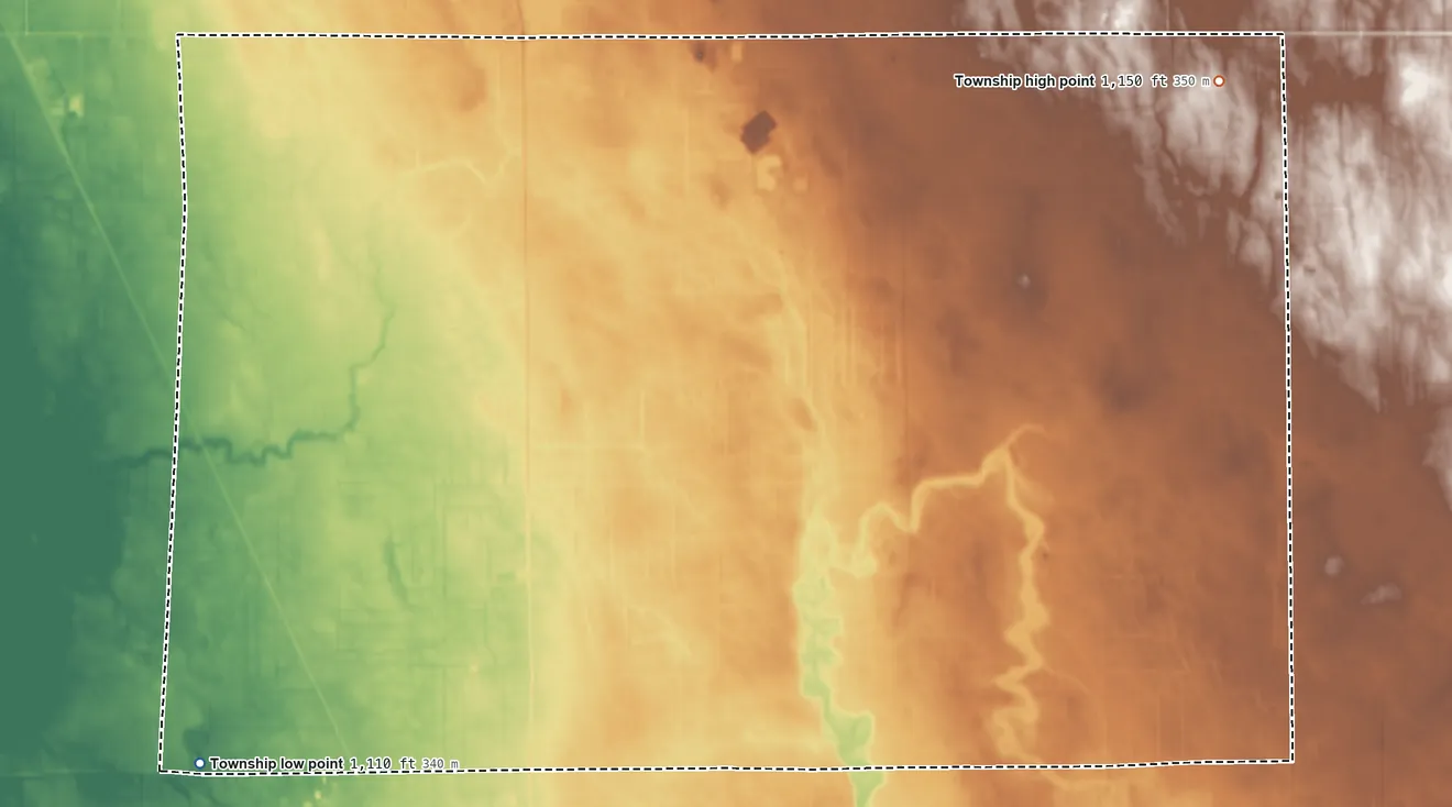 Topographic elevation map of Wyandotte Township, Minnesota, shaded from 1,110 ft on the southwest side to 1,150 ft on the northeast side