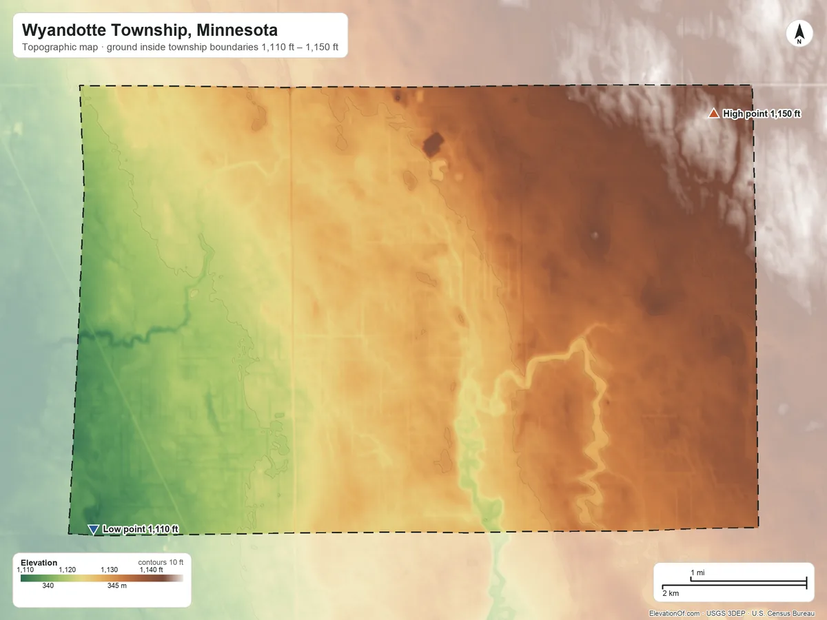 Topographic elevation map of Wyandotte Township, Minnesota, shaded from 1,110 ft on the southwest side to 1,150 ft on the northeast side