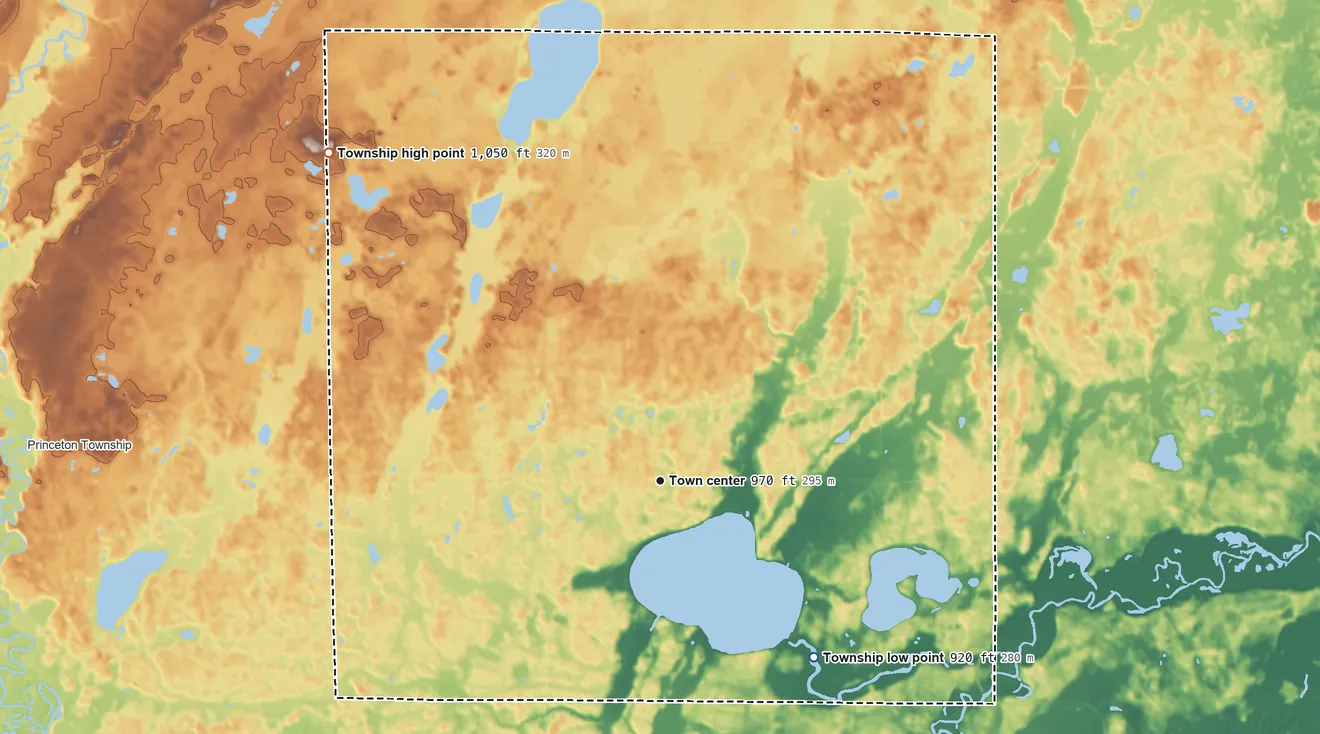 Topographic elevation map of Wyanett Township, Minnesota, shaded from 920 ft on the southeast side to 1,050 ft on the northwest side