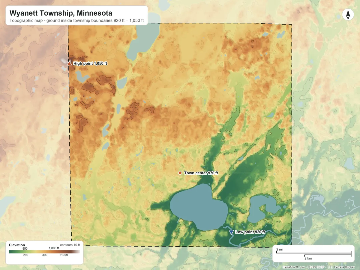 Topographic elevation map of Wyanett Township, Minnesota, shaded from 920 ft on the southeast side to 1,050 ft on the northwest side