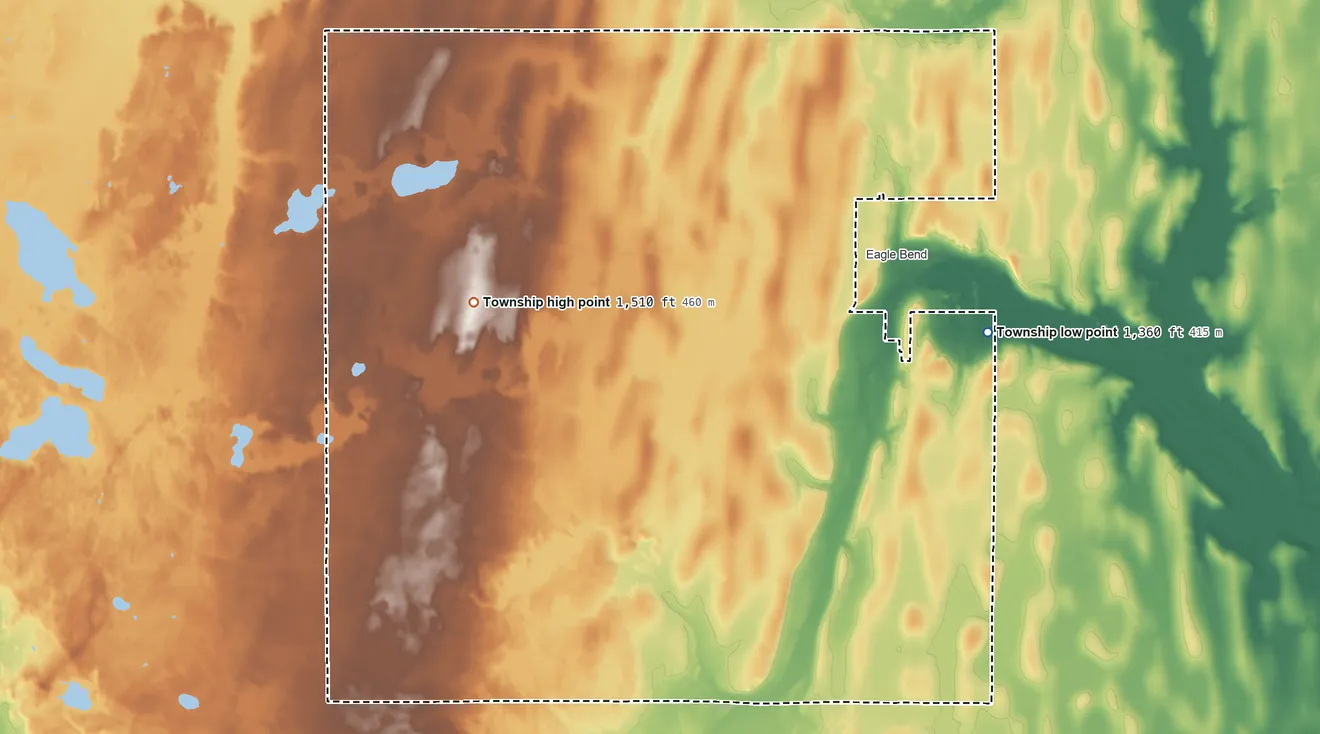 Topographic elevation map of Wykeham Township, Minnesota, shaded from 1,360 ft on the east side to 1,510 ft on the west side