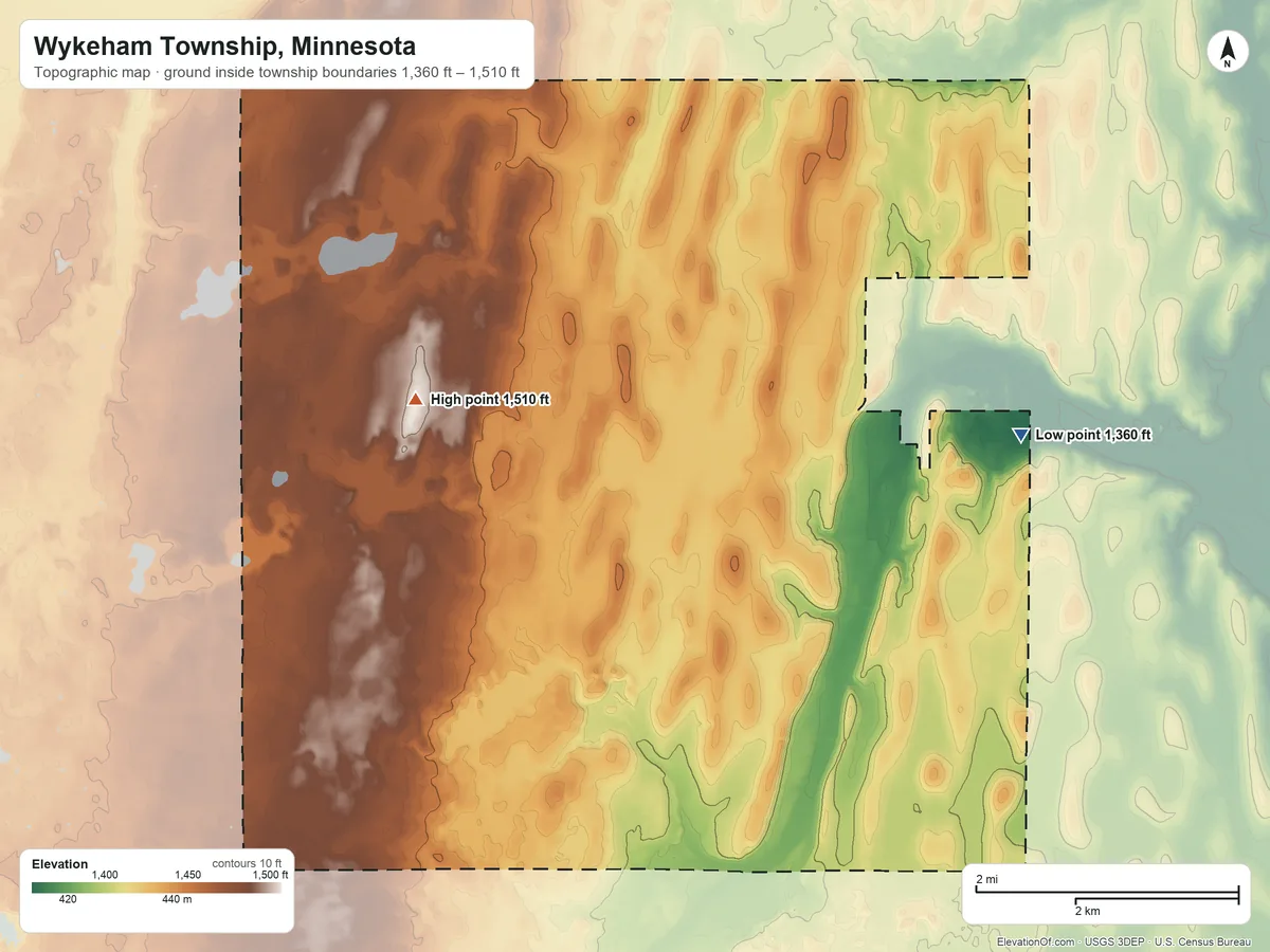 Topographic elevation map of Wykeham Township, Minnesota, shaded from 1,360 ft on the east side to 1,510 ft on the west side
