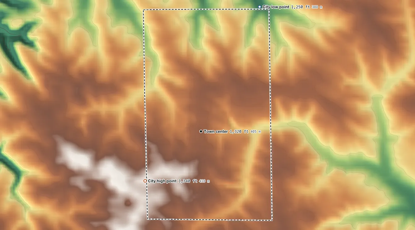 Topographic elevation map of Wykoff, Minnesota, shaded from 1,250 ft on the northeast side to 1,340 ft on the southwest side