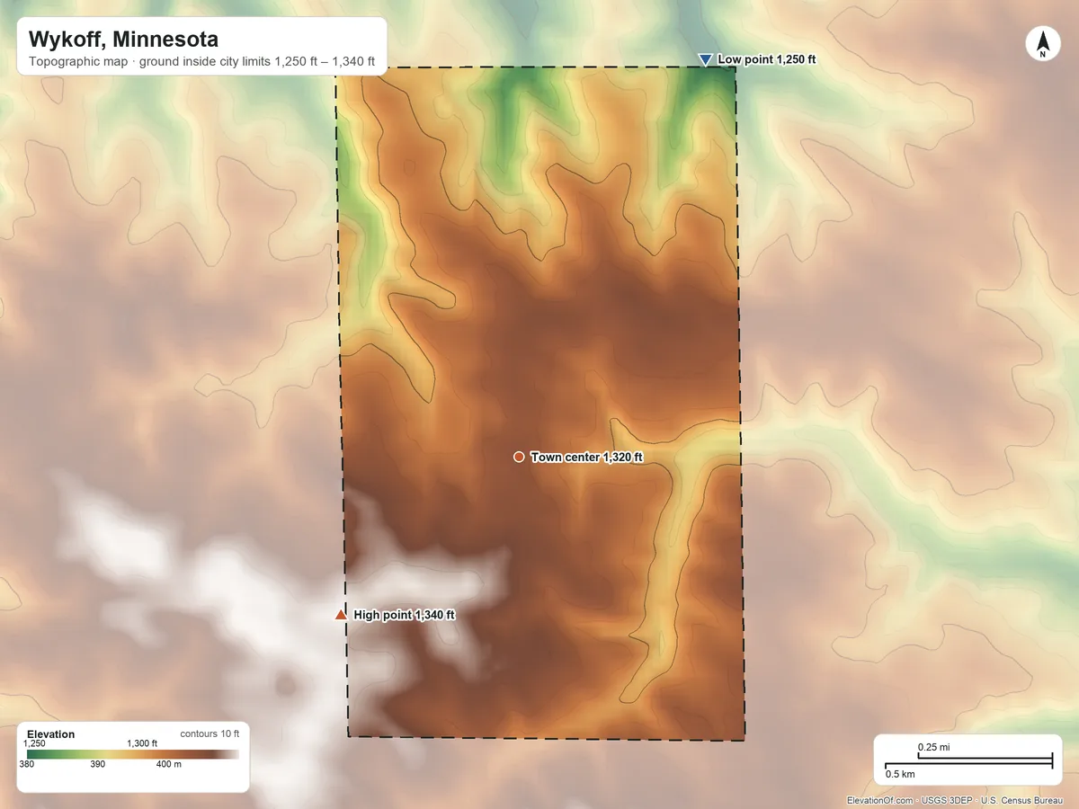 Topographic elevation map of Wykoff, Minnesota, shaded from 1,250 ft on the northeast side to 1,340 ft on the southwest side