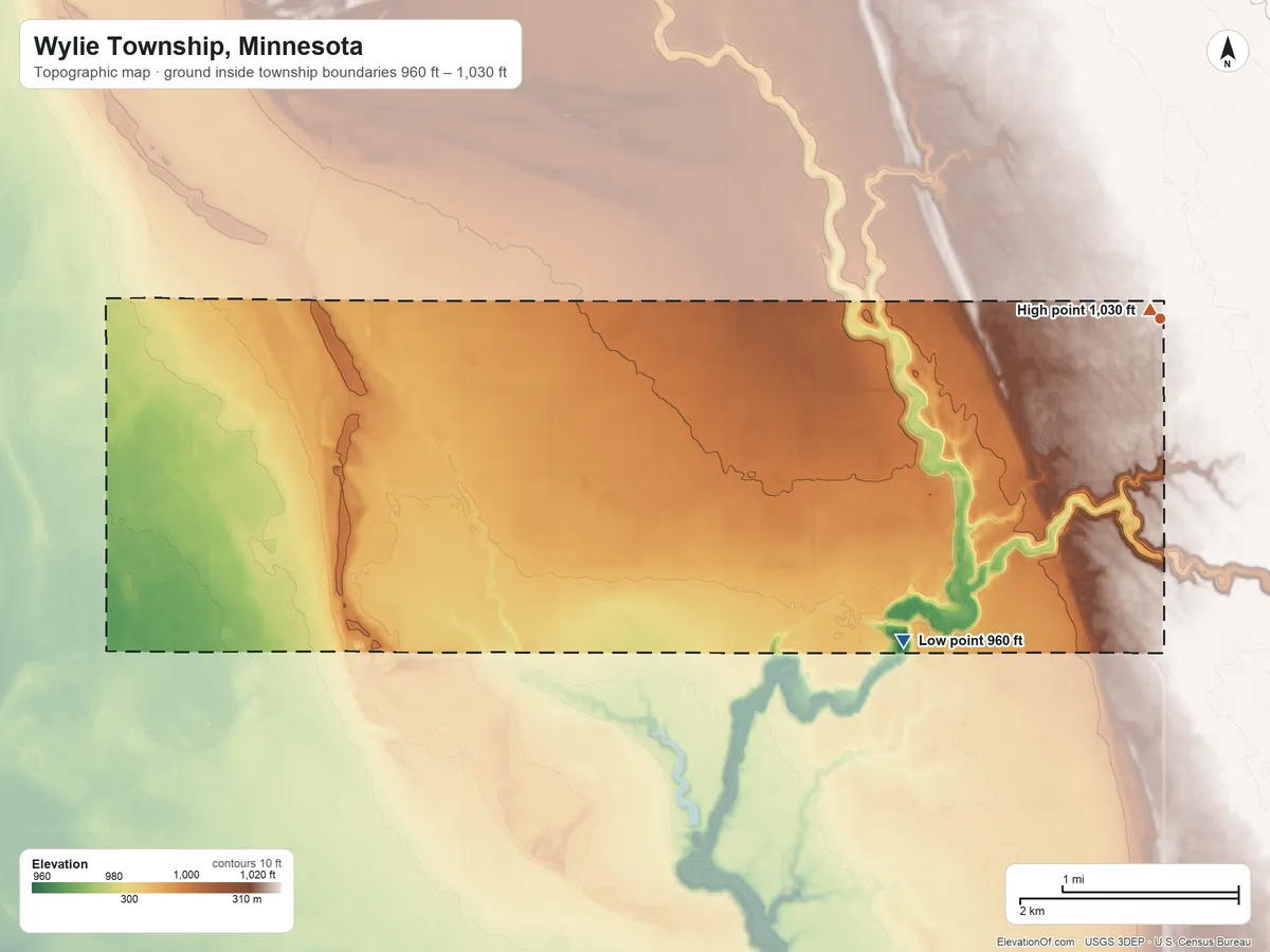 Topographic elevation map of Wylie Township, Minnesota, shaded from 960 ft on the southwest side to 1,030 ft near the middle