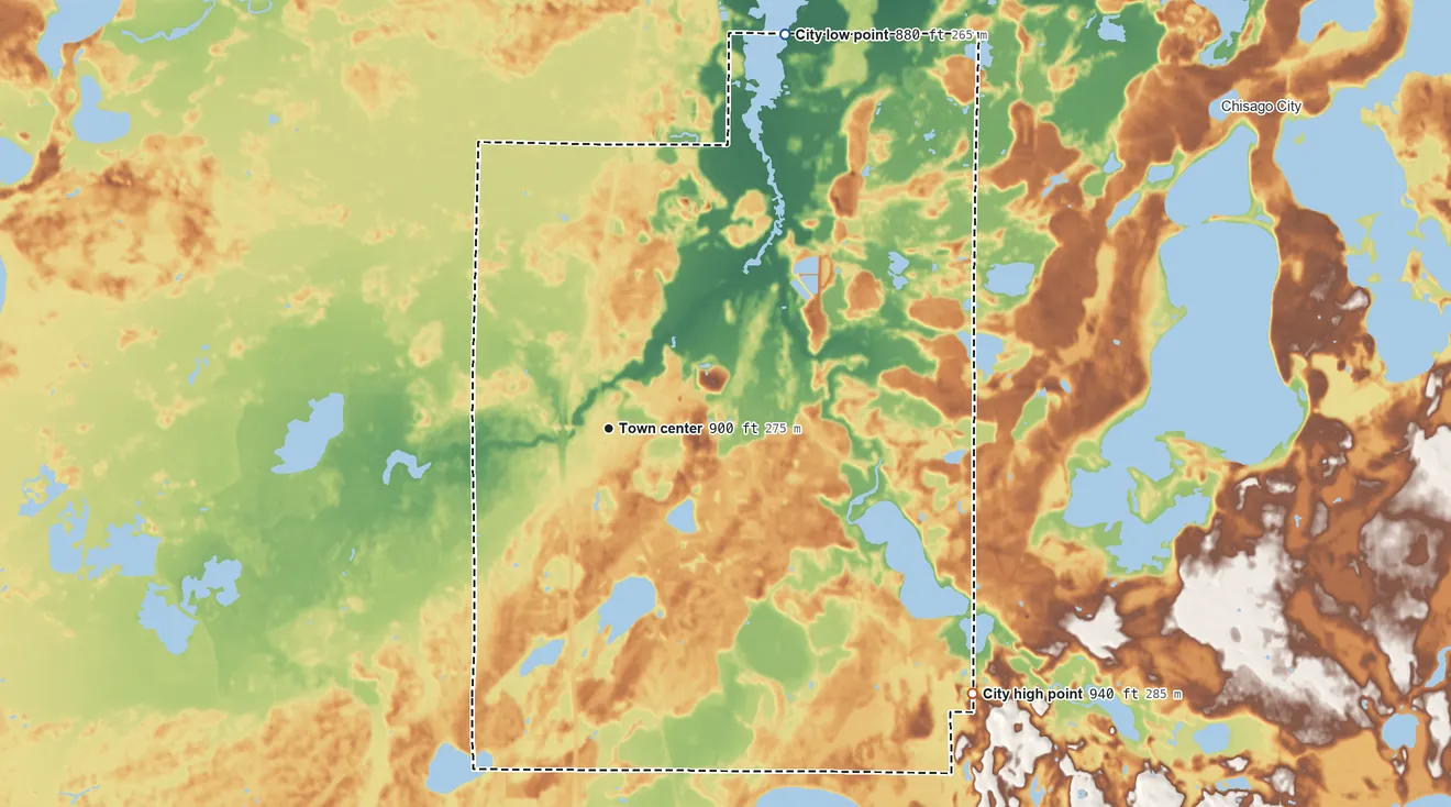 Topographic elevation map of Wyoming, Minnesota, shaded from 880 ft on the northeast side to 940 ft on the southeast side