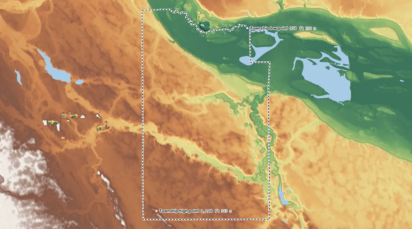 Topographic elevation map of Yellow Bank Township, Minnesota, shaded from 950 ft on the northeast side to 1,140 ft on the south side