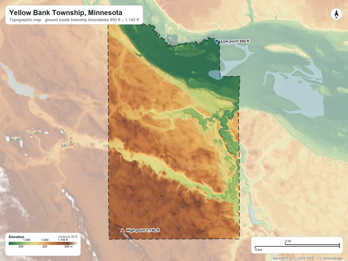 Topographic elevation map of Yellow Bank Township, Minnesota, shaded from 950 ft on the northeast side to 1,140 ft on the south side