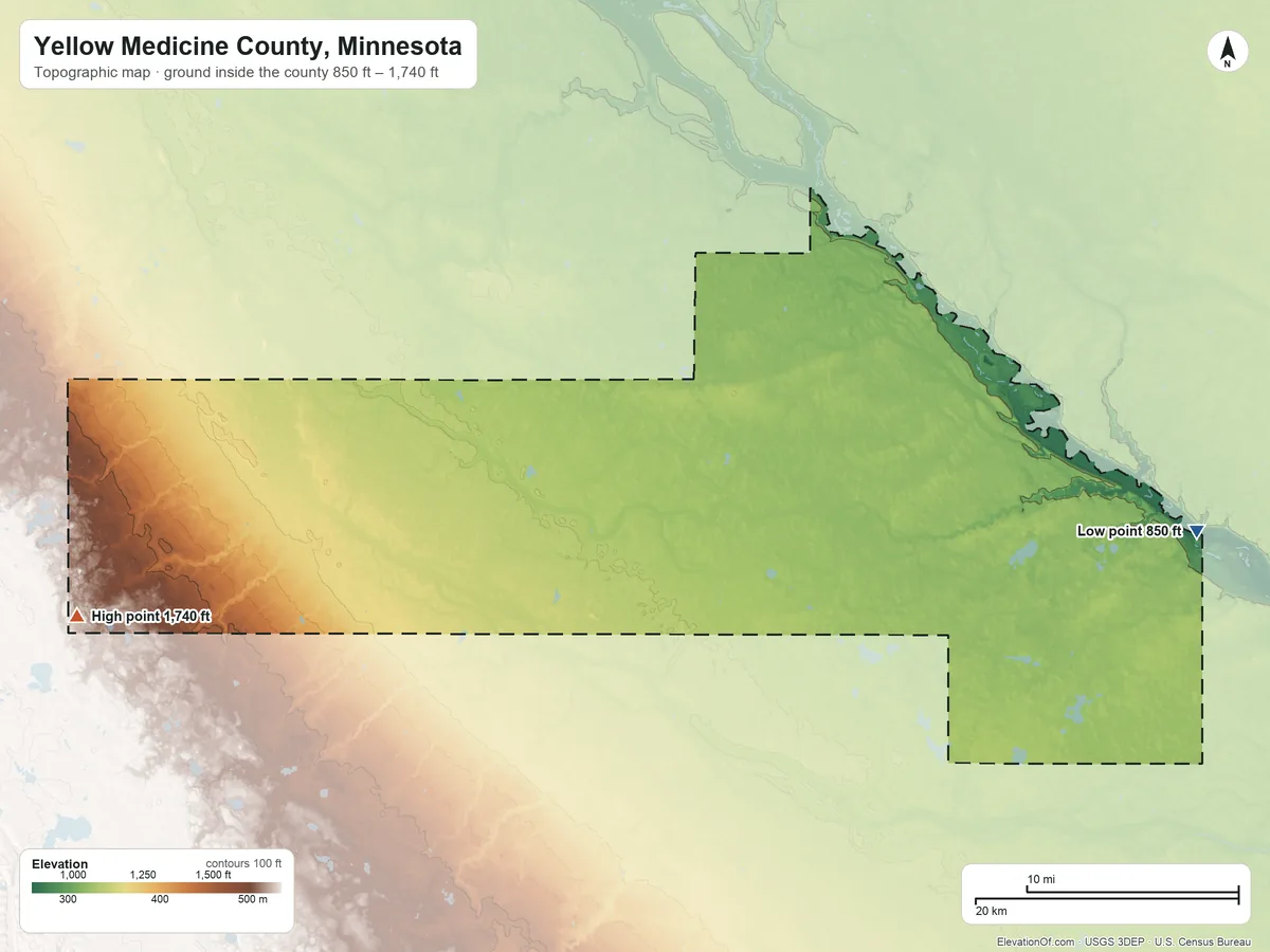 Topographic elevation map of Yellow Medicine County, Minnesota, shaded from 850 ft on the east side to 1,740 ft on the west side