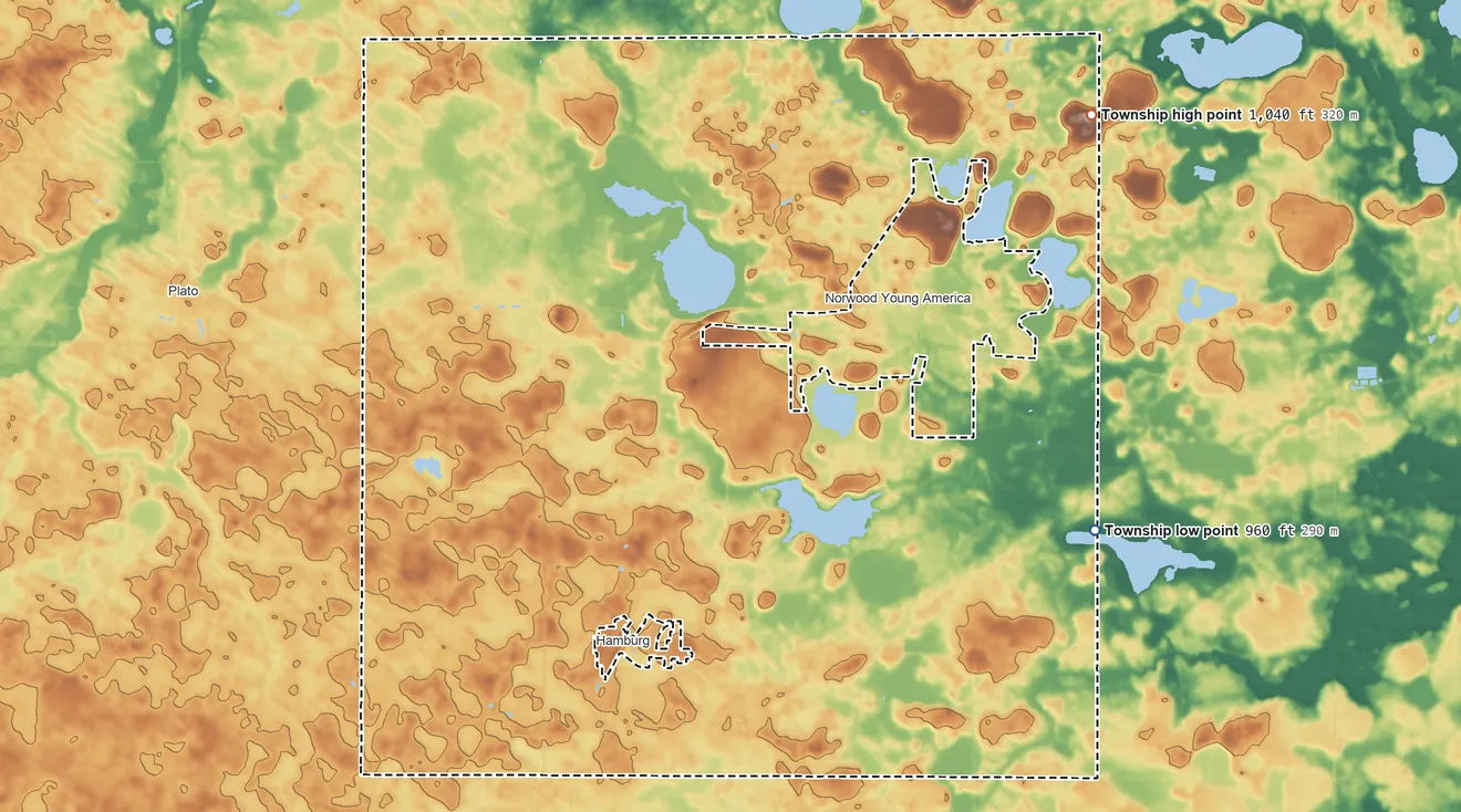 Topographic elevation map of Young America Township, Minnesota, shaded from 960 ft on the east side to 1,040 ft on the northeast side