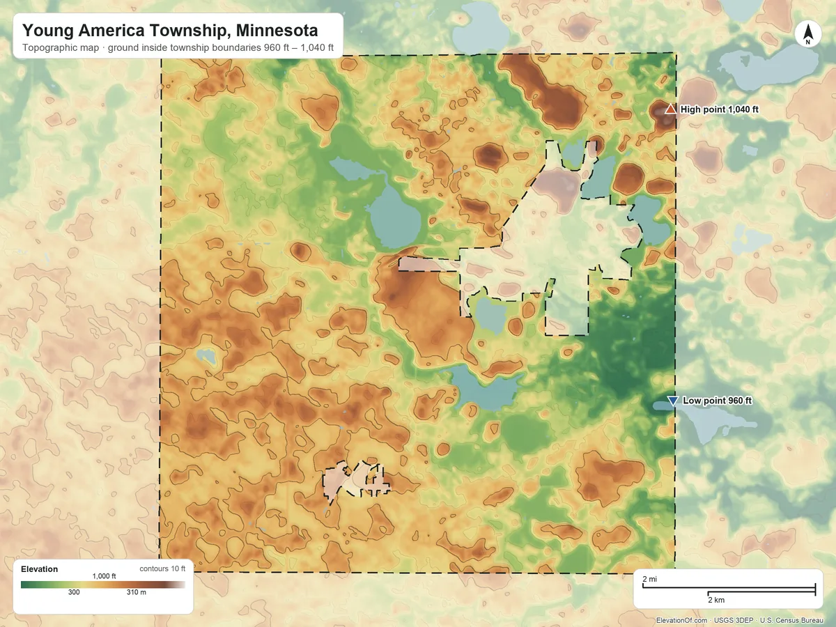 Topographic elevation map of Young America Township, Minnesota, shaded from 960 ft on the east side to 1,040 ft on the northeast side