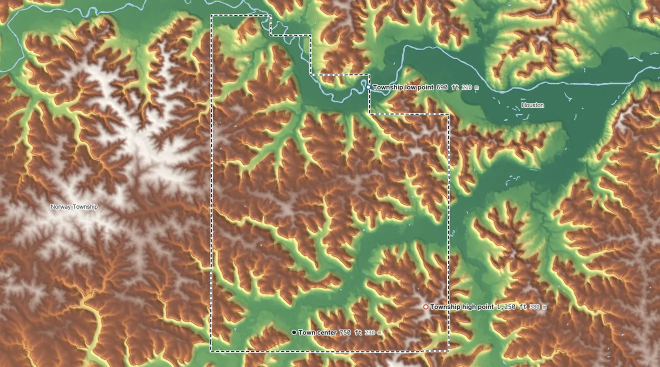Topographic elevation map of Yucatan Township, Minnesota, shaded from 690 ft on the north side to 1,250 ft on the east side