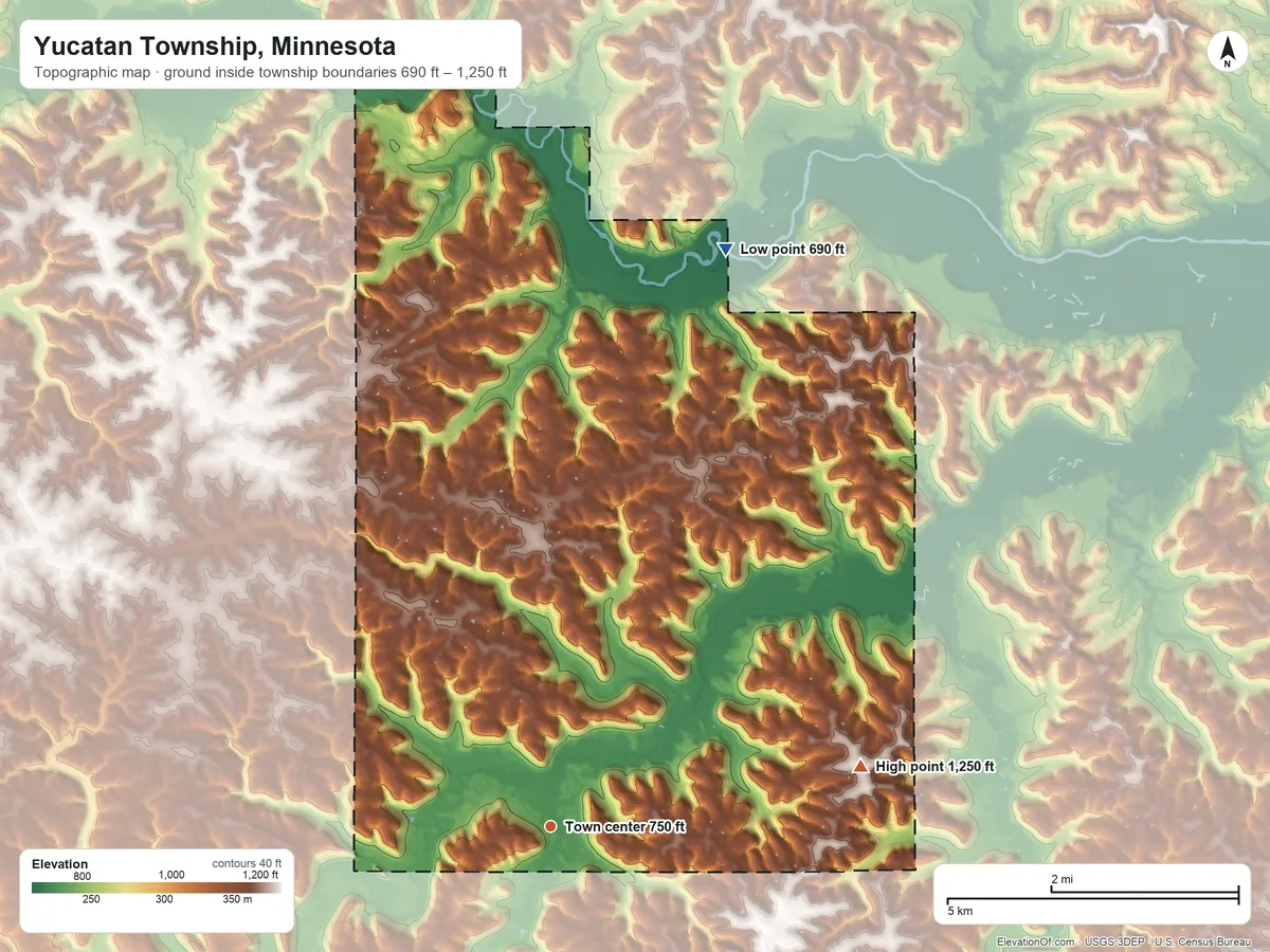 Topographic elevation map of Yucatan Township, Minnesota, shaded from 690 ft on the north side to 1,250 ft on the east side