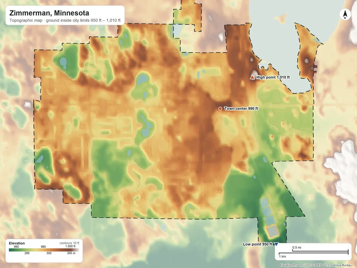 Topographic elevation map of Zimmerman, Minnesota, shaded from 950 ft on the south side to 1,010 ft on the northeast side