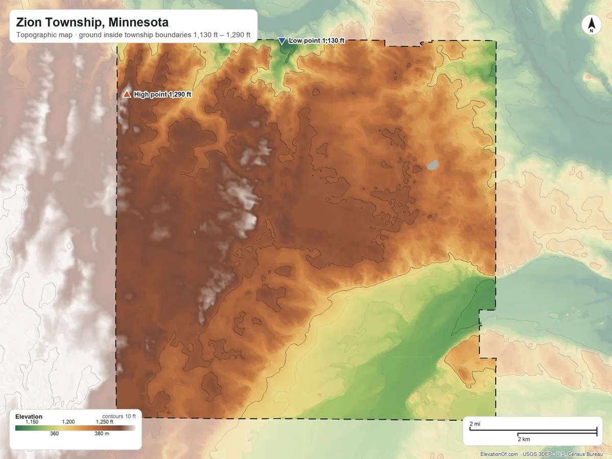 Topographic elevation map of Zion Township, Minnesota, shaded from 1,130 ft on the north side to 1,290 ft on the northwest side