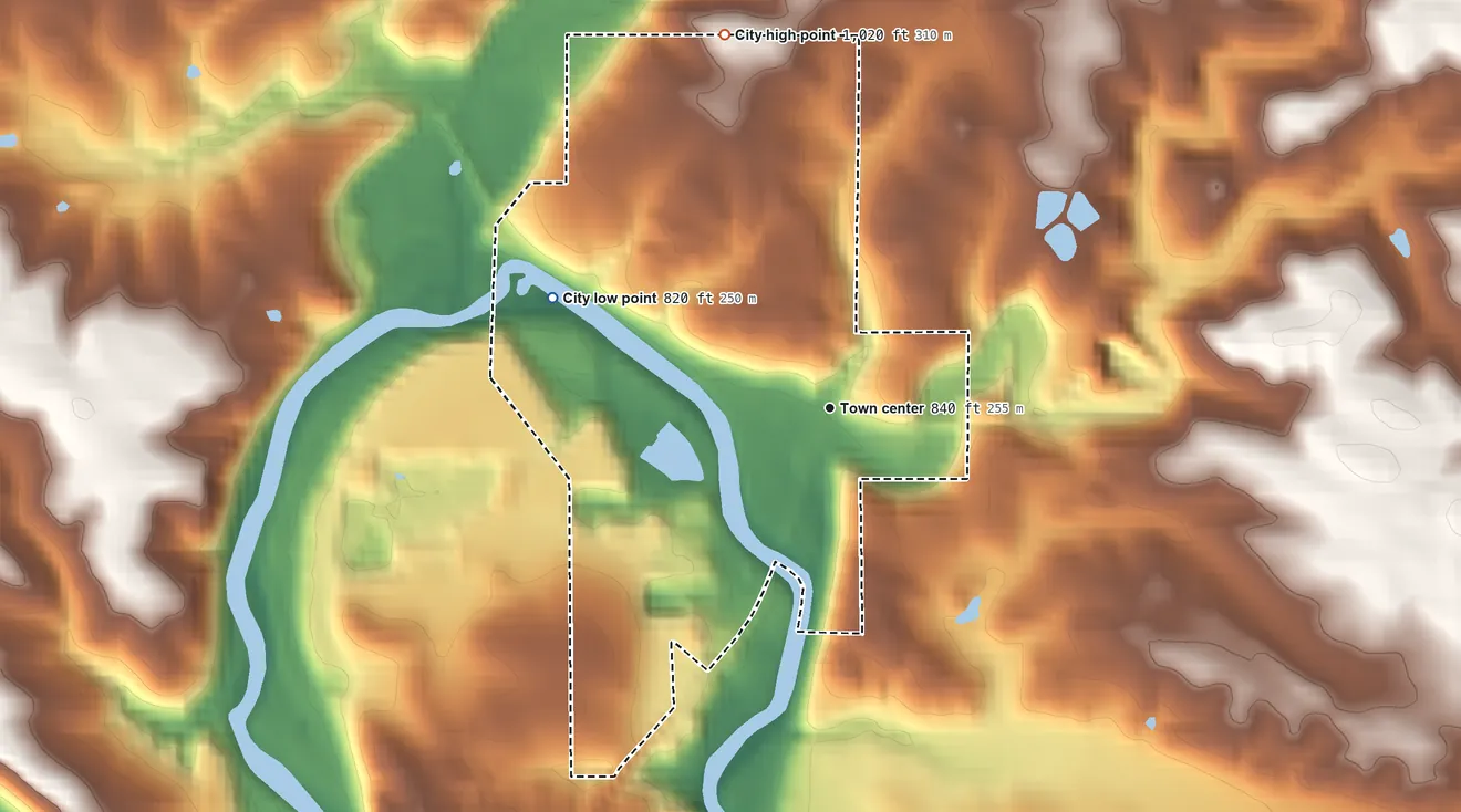 Topographic elevation map of Zumbro Falls, Minnesota, shaded from 820 ft on the west side to 1,020 ft on the north side