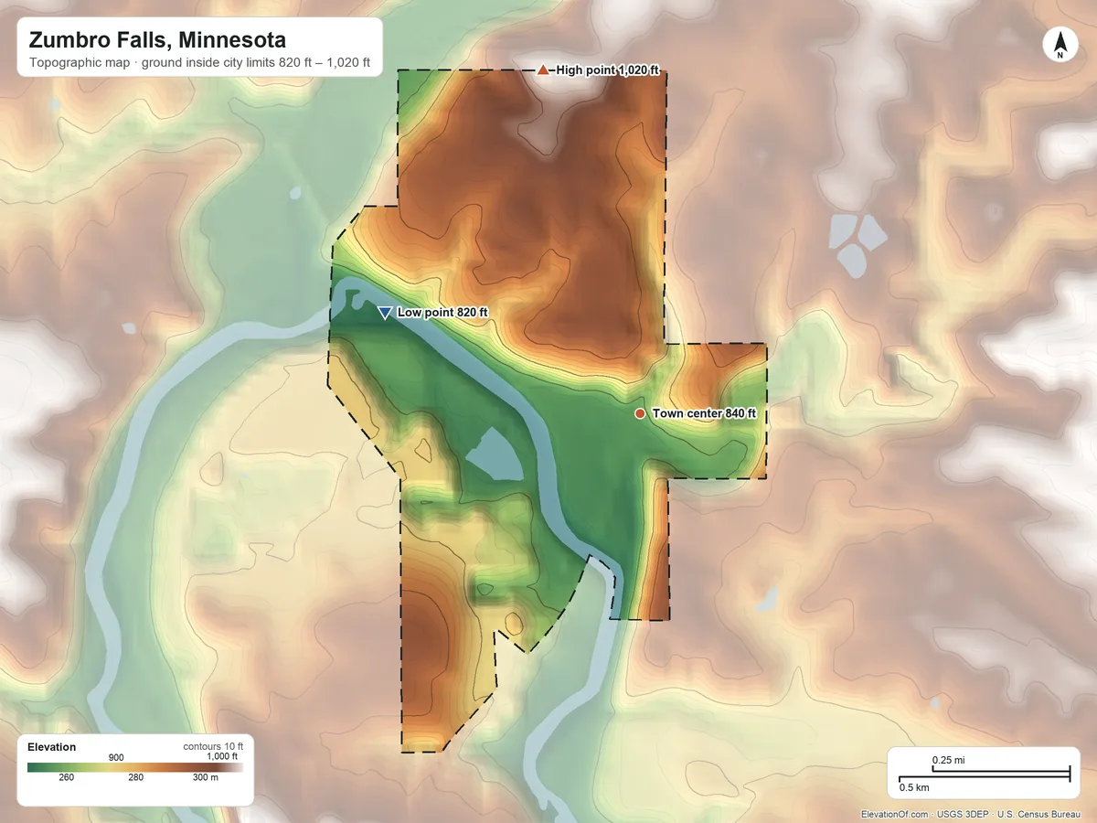 Topographic elevation map of Zumbro Falls, Minnesota, shaded from 820 ft on the west side to 1,020 ft on the north side