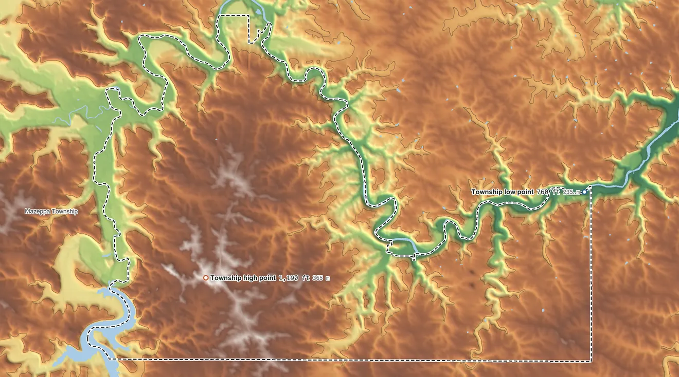 Topographic elevation map of Zumbro Township, Minnesota, shaded from 760 ft on the east side to 1,190 ft near the middle