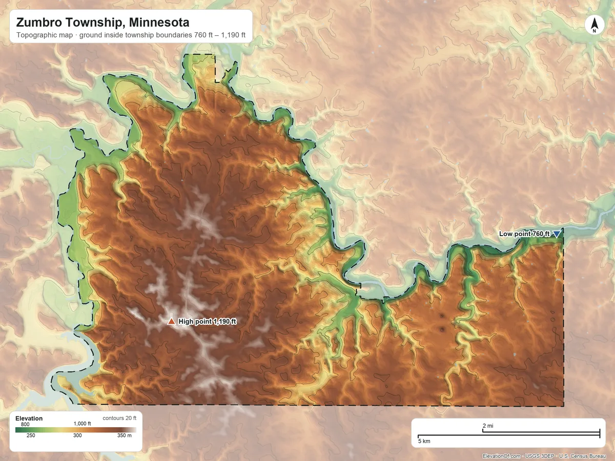 Topographic elevation map of Zumbro Township, Minnesota, shaded from 760 ft on the east side to 1,190 ft near the middle
