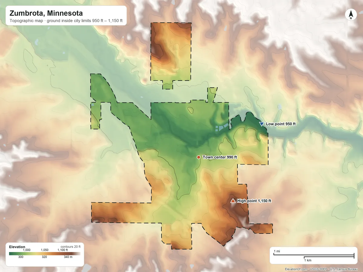 Topographic elevation map of Zumbrota, Minnesota, shaded from 950 ft on the northeast side to 1,150 ft on the southeast side
