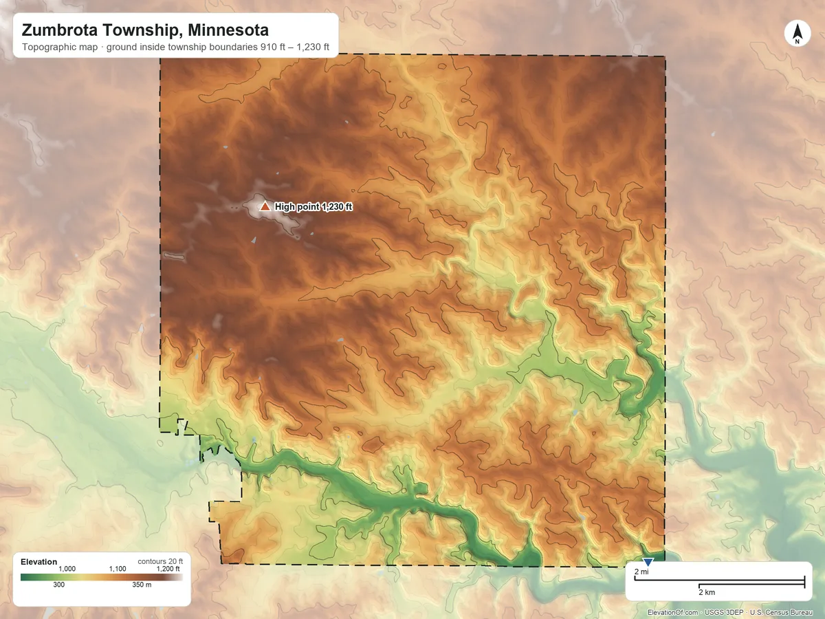 Topographic elevation map of Zumbrota Township, Minnesota, shaded from 910 ft on the southeast side to 1,230 ft on the northwest side
