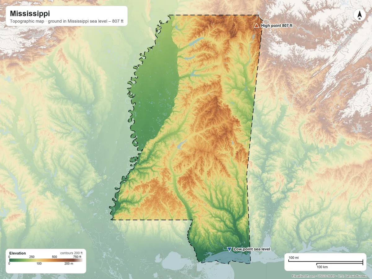 Topographic elevation map of Mississippi, shaded from sea level on the Back Bay of Biloxi to 807 ft on Woodall Mountain