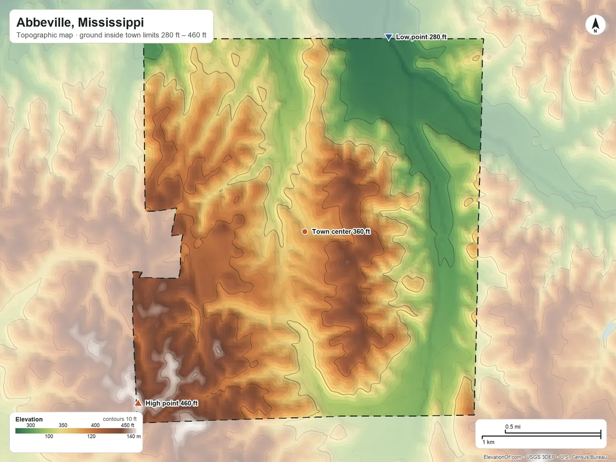 Topographic elevation map of Abbeville, Mississippi, shaded from 280 ft on the northeast side to 460 ft on the southwest side