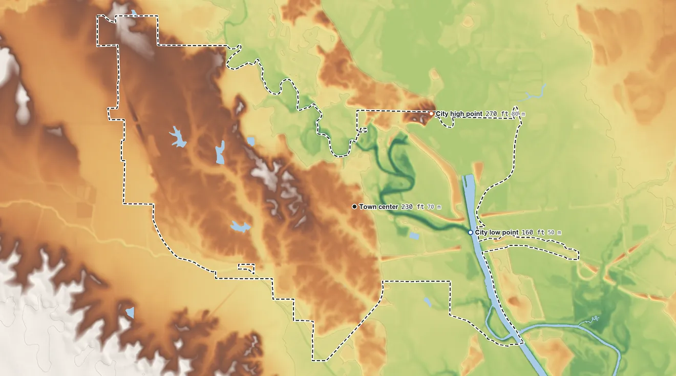 Topographic elevation map of Aberdeen, Mississippi, shaded from 160 ft on the east side to 270 ft on the northeast side