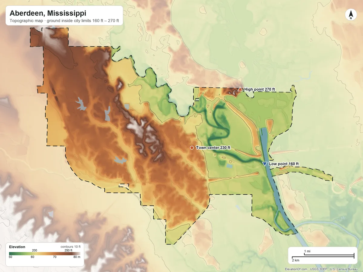 Topographic elevation map of Aberdeen, Mississippi, shaded from 160 ft on the east side to 270 ft on the northeast side