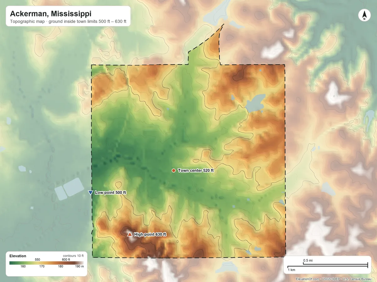 Topographic elevation map of Ackerman, Mississippi, shaded from 500 ft on the west side to 630 ft on the southwest side
