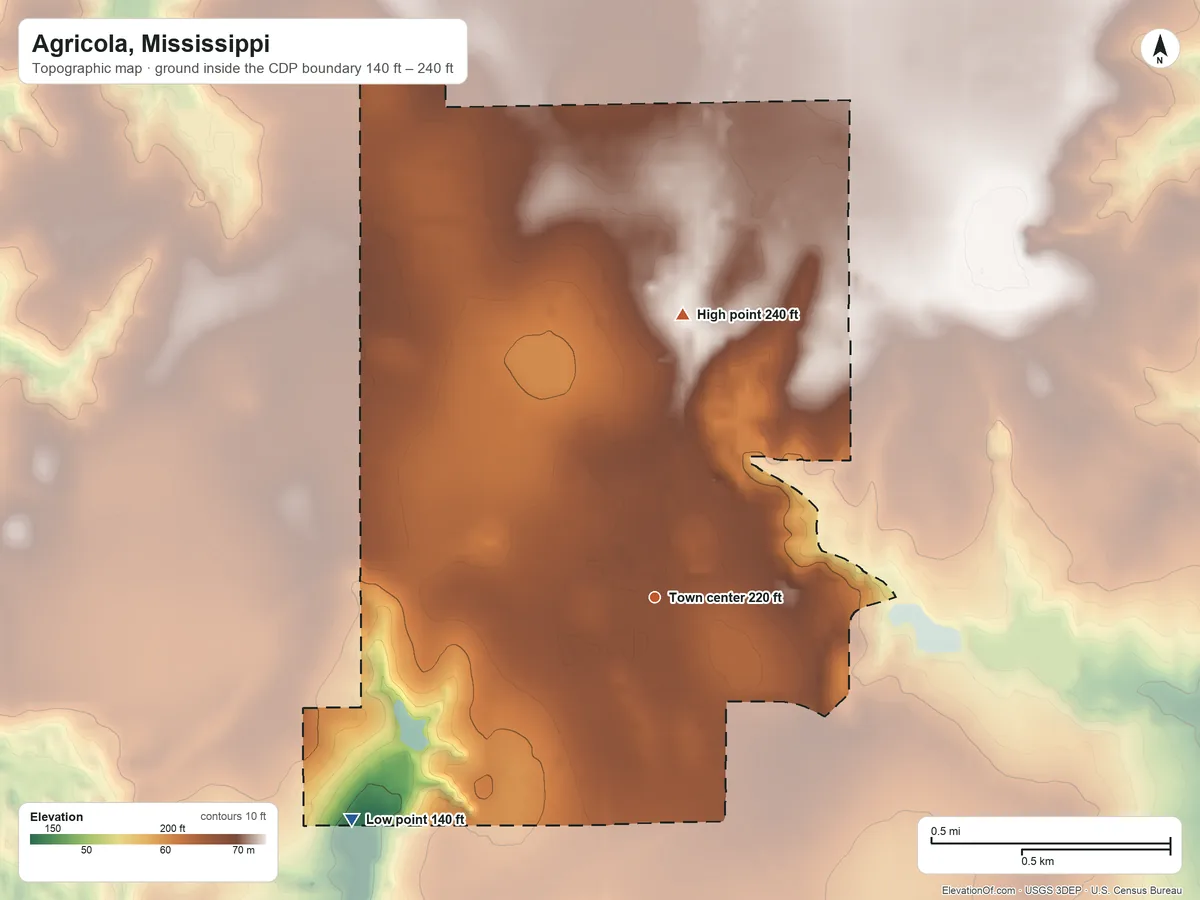 Topographic elevation map of Agricola, Mississippi, shaded from 140 ft on the southwest side to 240 ft on the north side