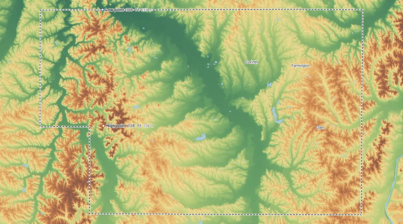 Topographic elevation map of Alcorn County, Mississippi, shaded from 380 ft on the northwest side to 720 ft on Crum Mountain