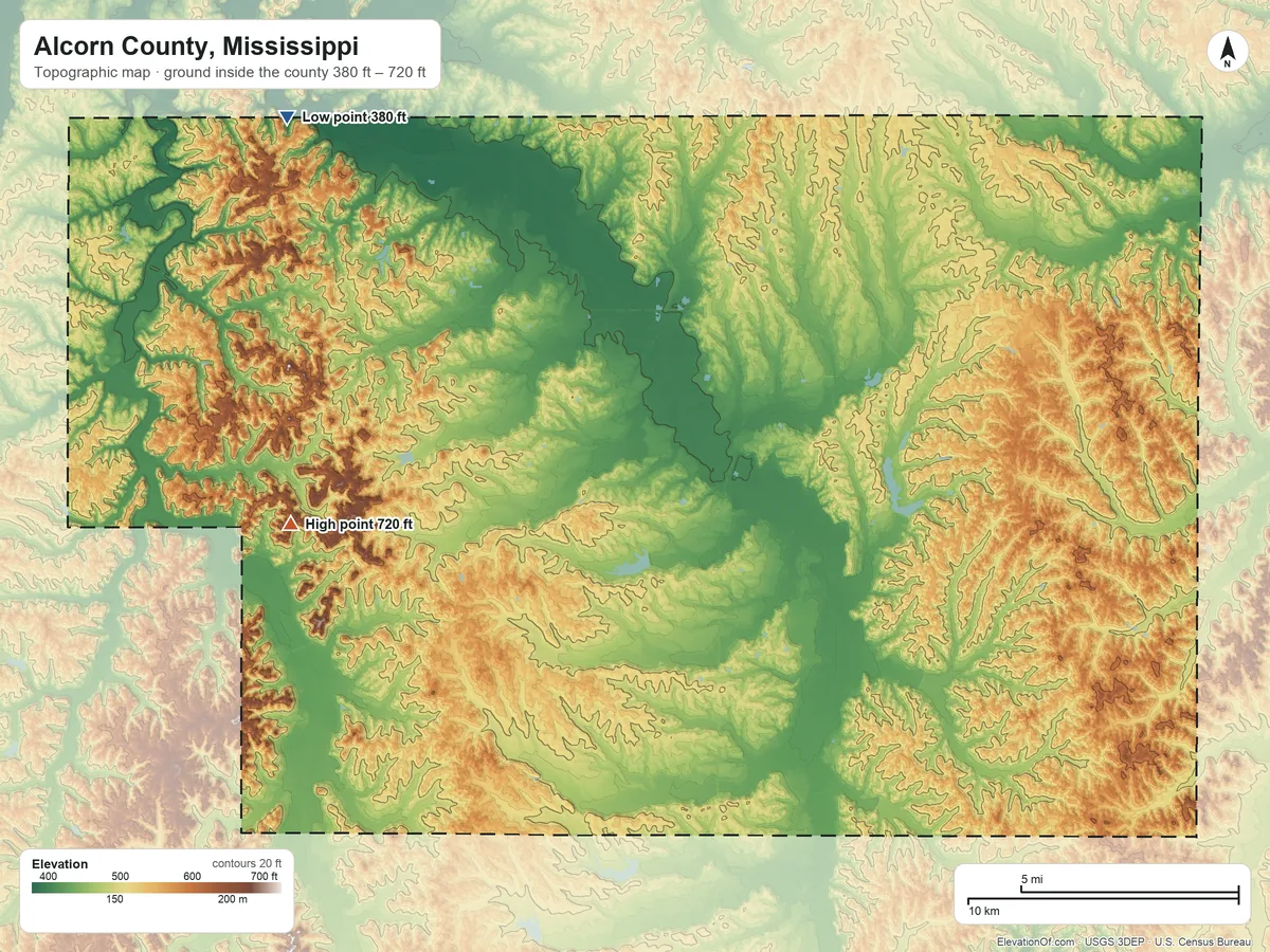 Topographic elevation map of Alcorn County, Mississippi, shaded from 380 ft on the northwest side to 720 ft on Crum Mountain