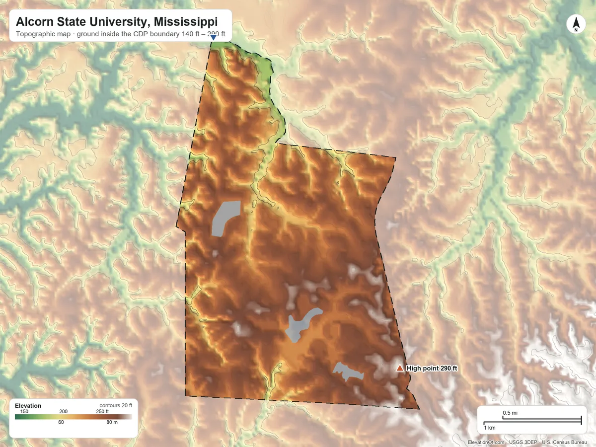 Topographic elevation map of Alcorn State University, Mississippi, shaded from 140 ft on the north side to 290 ft on the east side
