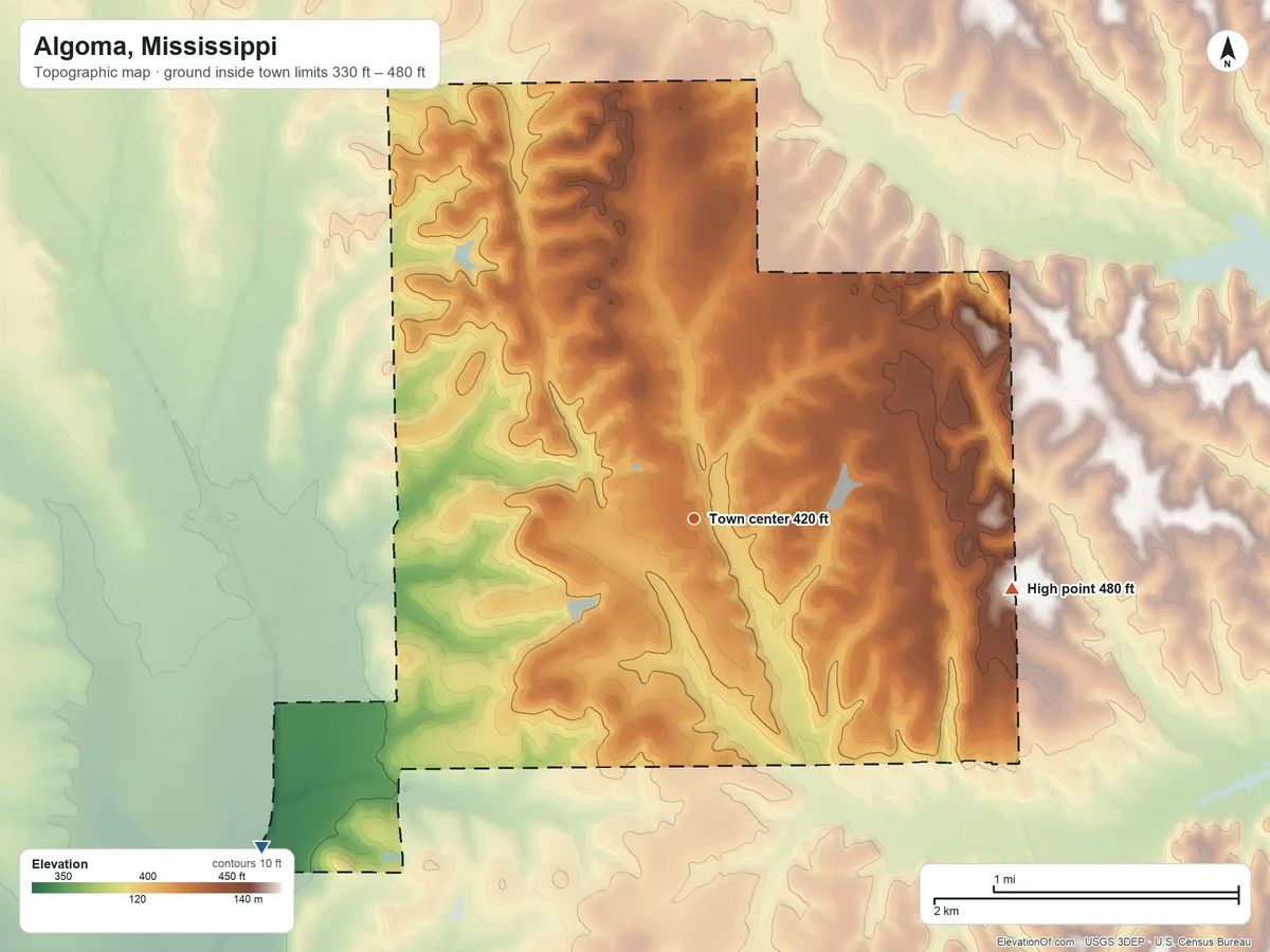 Topographic elevation map of Algoma, Mississippi, shaded from 330 ft on the southwest side to 480 ft on the east side